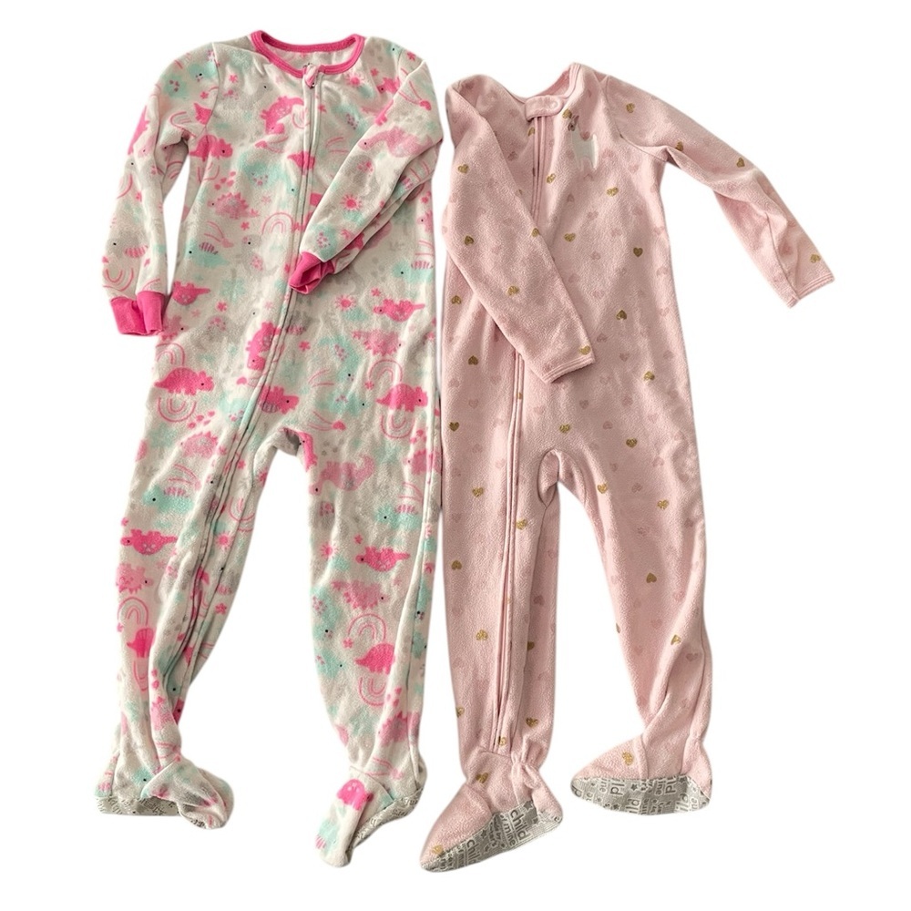 2 Toddler Girls Pink Heart Fleece Zip Up Sleeper Pajamas With Llama 4T